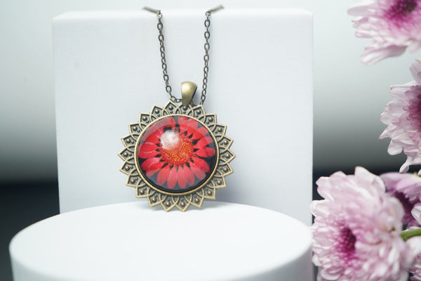 Vintage Round Pendant Showcasing Red Daisy Bloom