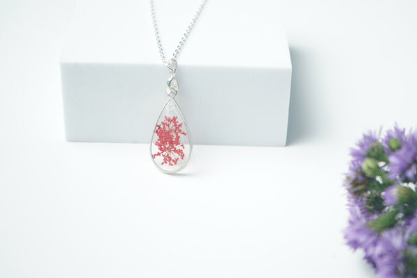 Real Maroon Annes fower  Blossom in Silver Oval Pendant