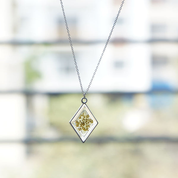 Dried Yellow Annes with Rhombus Shape Resin Pendant
