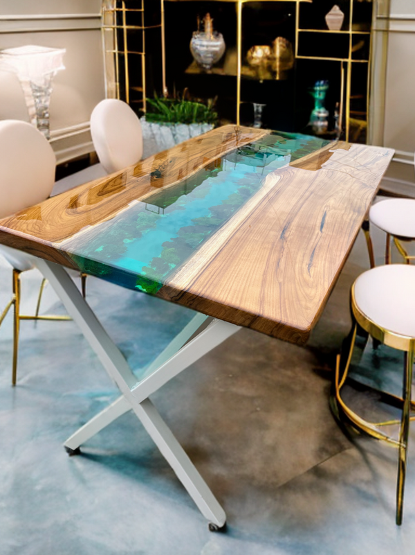 Live edge teak epoxy dining table with teal river design – Uniq Creations Bangalore