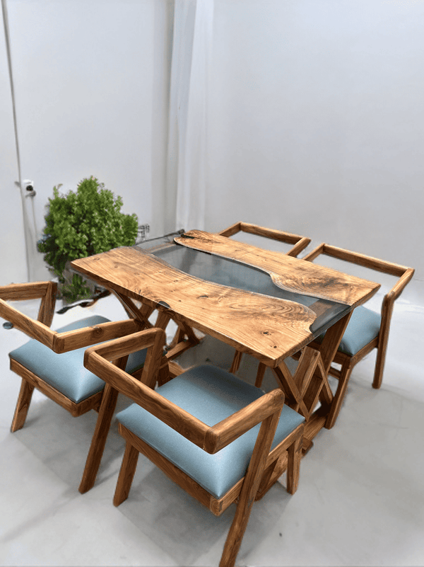 4-Seater Live Edge Epoxy Dining Table Set with Solid Wood Chairs